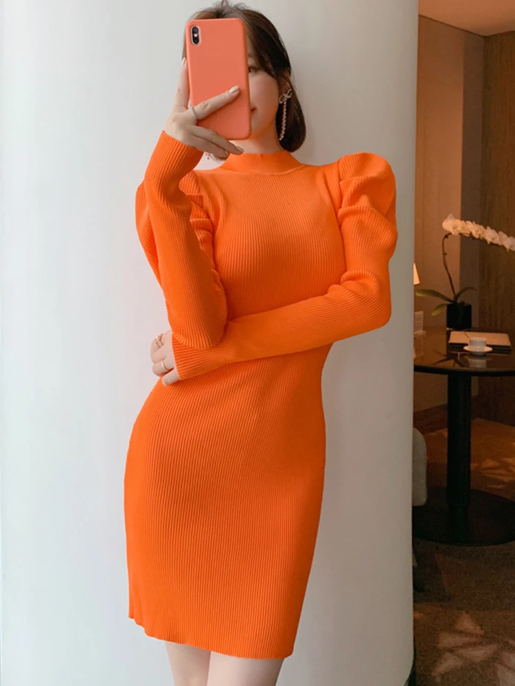 Spring Winter Mini Dresses Women 2023 Basics Simple Orange Black Long Sleeve Skinny Bodycon Vestido Mujer Bottom Sweater Clothes