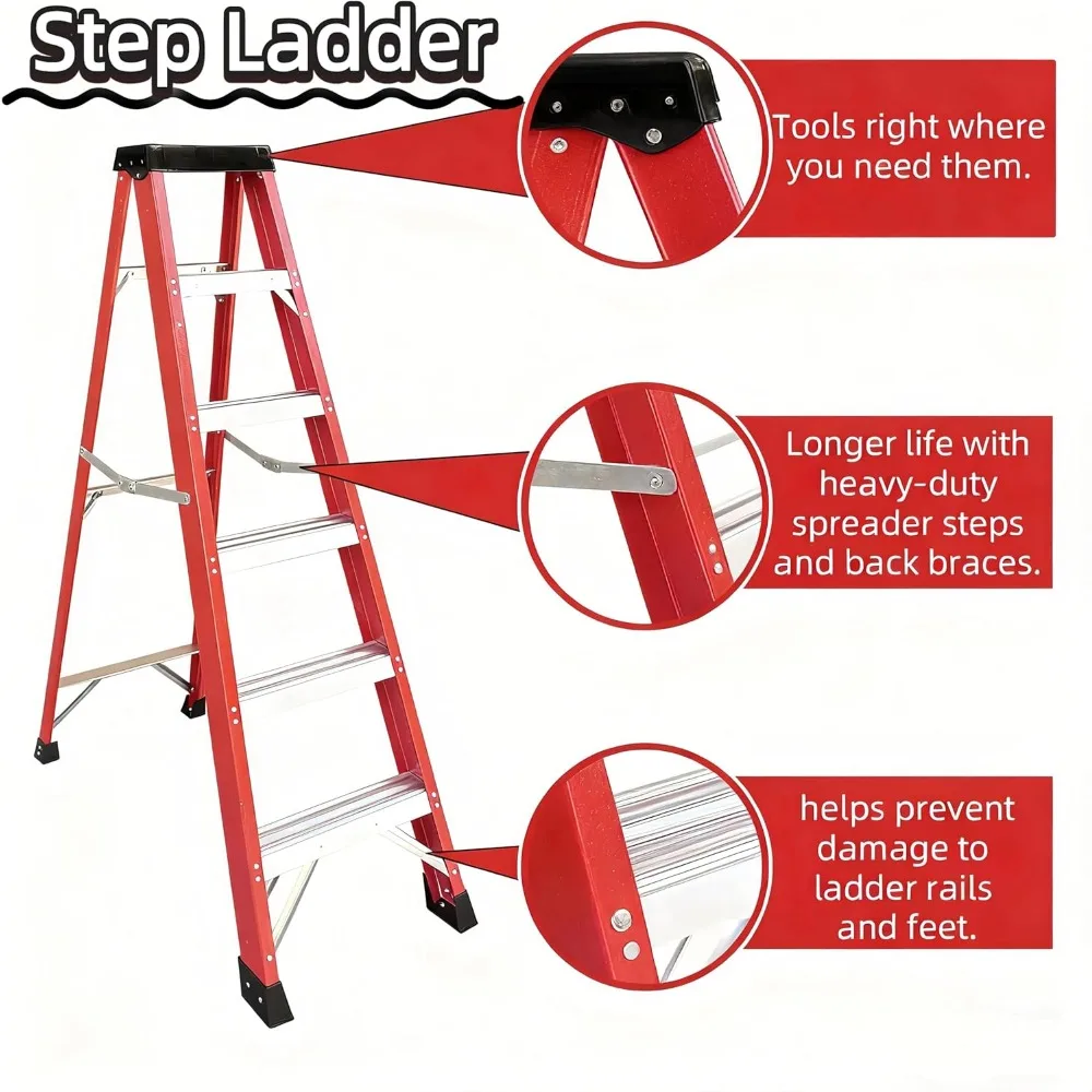 سلم من الألياف الزجاجية بطول 6 أقدام مع منصة أدوات، سعة 500 رطل، نوع IA للمطبخ والمستودعات والاستخدام المنزلي