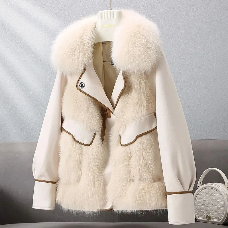 

New Women's Korean Imitation Fox Fur Coat Fashion Winter Warm Down Parka Overcome Female Cold Suede Coats Tide Beige Light Grey