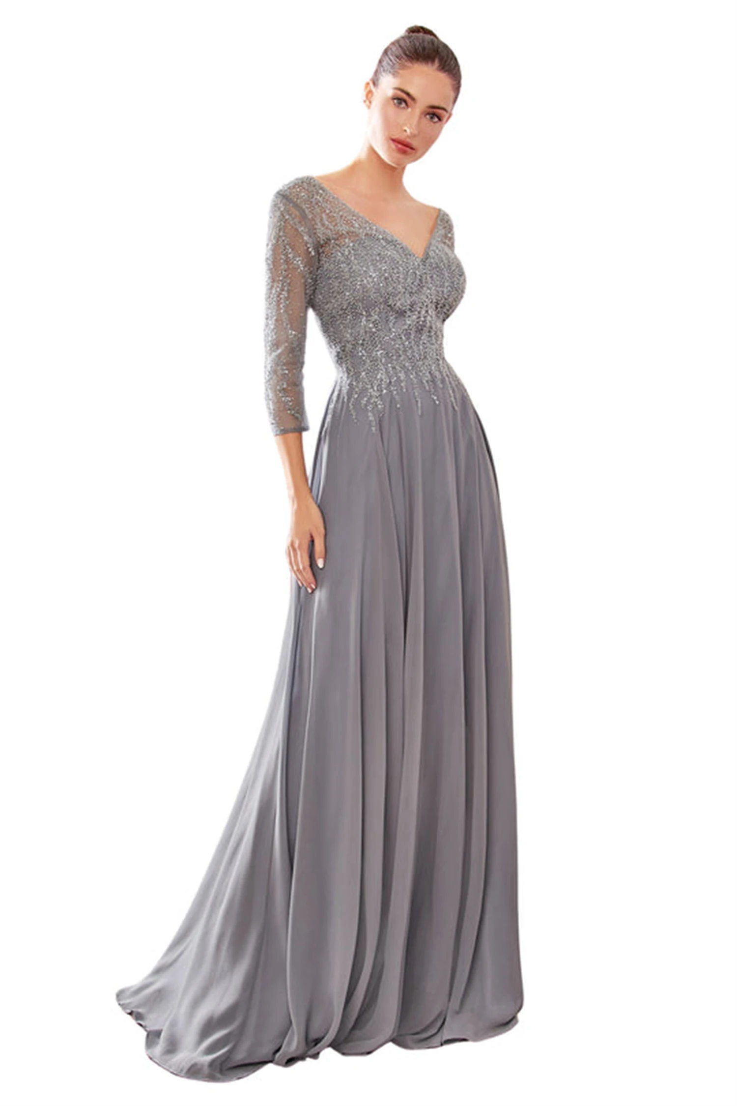 V Neck Dresses for Prom Dress Bead Embroidery Grey Chiffon Wedding Guest Dresses for Women Gala Elegant Gown Evening Customized