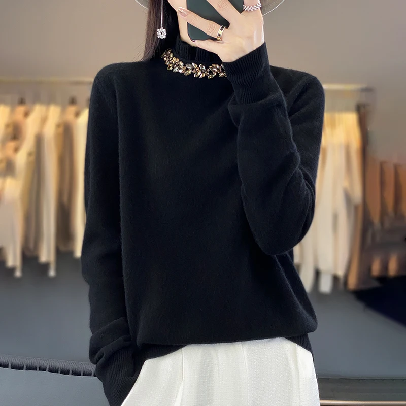 23Fall Winter New Woolen Sweater Women\'s Fungus Collar Long Sleeve Pullover 100% Pure Wool Loose-Fitting Diamond Bottoming Shirt