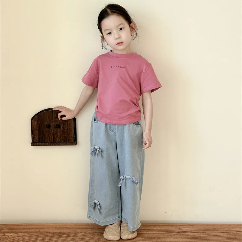 

Children's Clothing Girls Short-sleeved T-shirt Children's 2025 New Summer Baby Short Hollow Top Bow Jeans