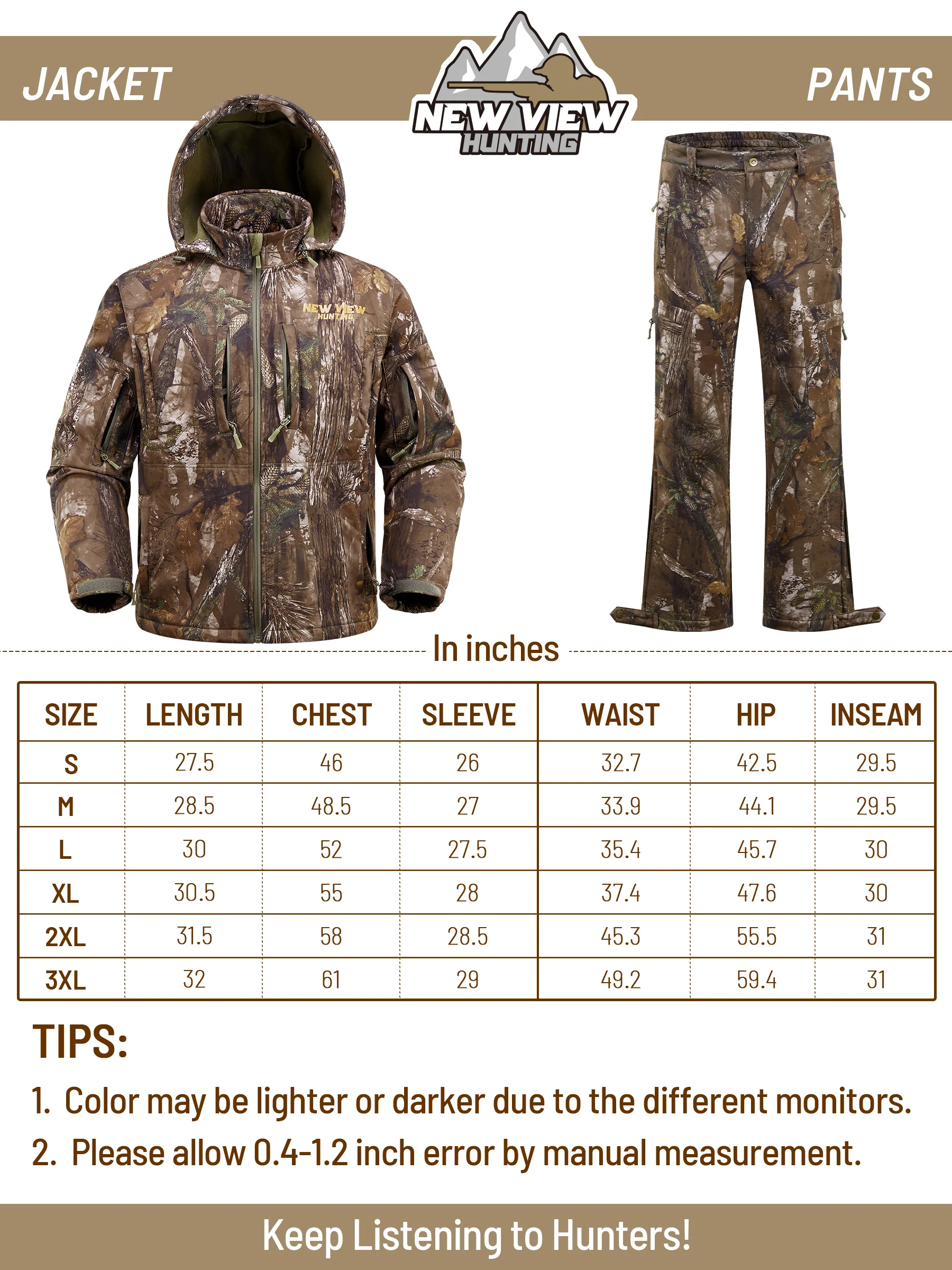 Camo Hunting Clothes for Men, Winter Warm Hunting Jacket and Pants,Fleece Lined Hunting Suit for Deer Duck Bow Hunts