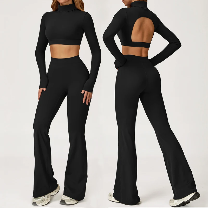Women 2 Piece Workout Sets Open Back Turtleneck Long Sleeve Crop Top with Padded High Waist Flared Leggings Gym Sets