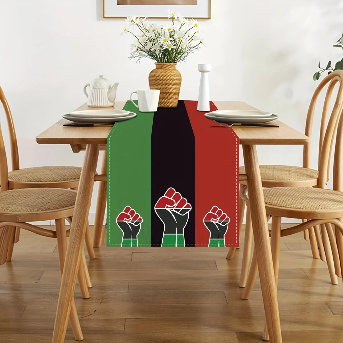 1pc Black History Month Table Runner, Linen 2D Print, Pan-African Flag Fist Table Decor for Dining Room & Kitchen, Cultural Cele