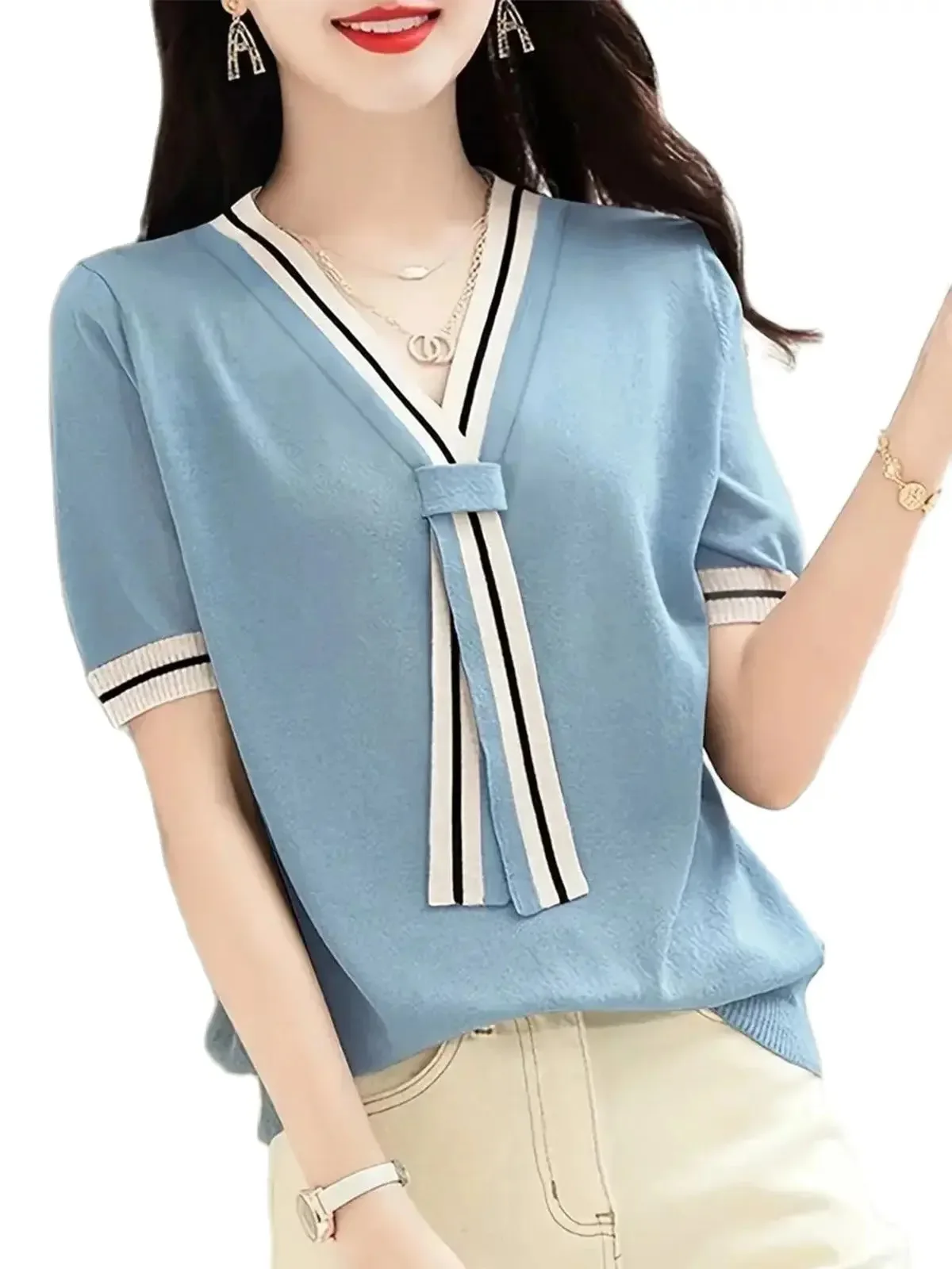 Pullover Sweater Contrast Trim Tie-neck Casual Short Sleeve Korean Fashion Style  Knit Top for Spring Summer Women's Clothing