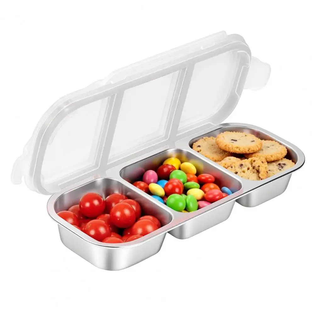 -free Stainless Steel Container Stainless Steel Snack Containers with Lids Reusable 3-compartment Food Storage Box for School