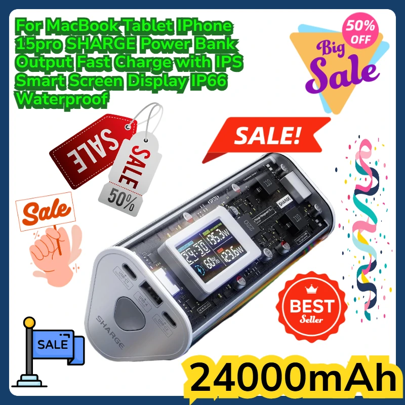 

For MacBook Tablet IPhone 15pro SHARGE Power Bank 24000mAh 170W Output Fast Charge with IPS Smart Screen Display IP66 Waterproof