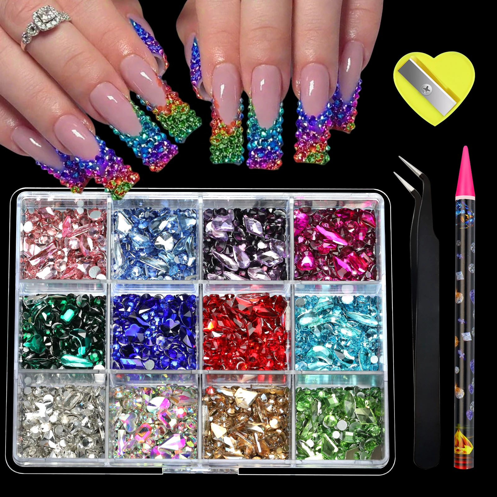 12Grids Luxury Mixed Shaped Colorful Rhinestones Flat Bottom Glass Crystal Nail Art Charms Kit DIY Nail Accessories Salon