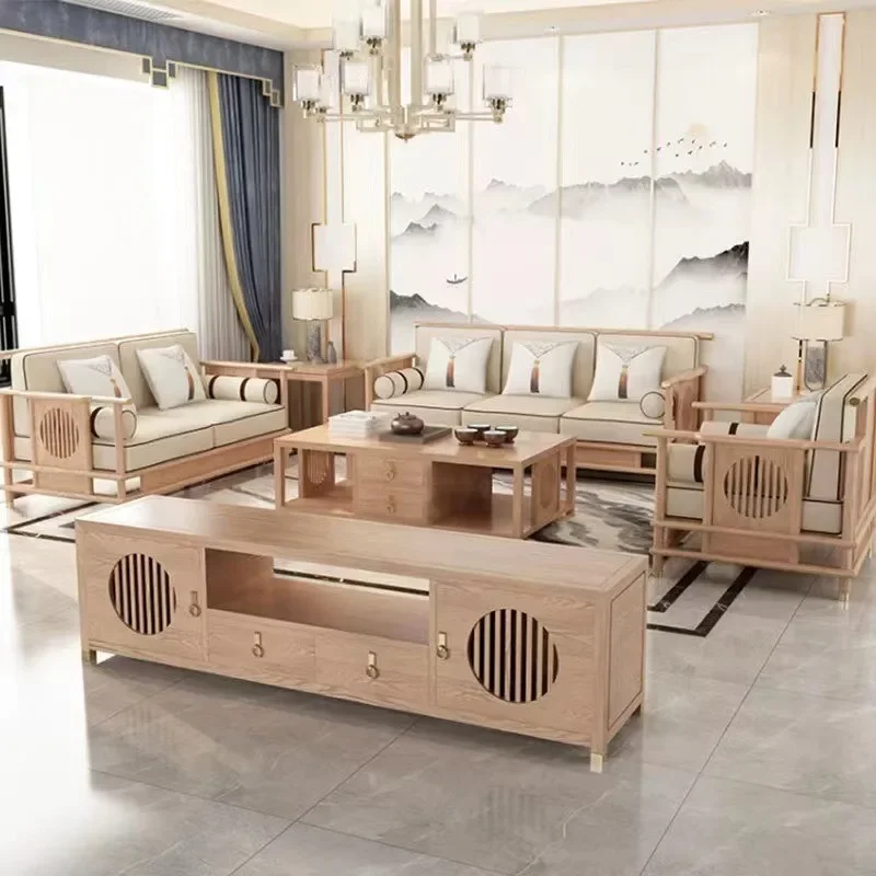 New Chinese-style solid wood sofa combination ash wood log color self-built house living room hotel club office tea room B & B