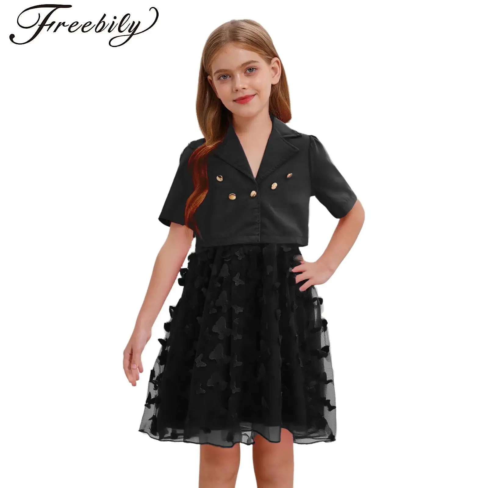 

Girls 2-Piece Outfit Lapel Collar Short Sleeve Blazer +Spaghetti Straps Butterfly Dress for Birthday Party Weeding Photography