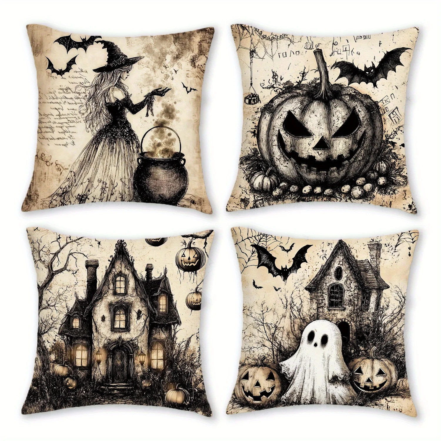 4pcs Halloween Throw Pillow Covers 18x18 Inch Vintage Spooky Pumpkin Witch Castle Ghosts Bats Design Soft