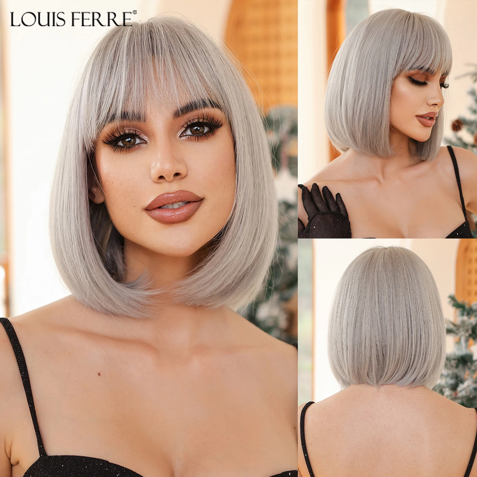 

LOUIS FERRE Short Straight Gray Cosplay Hair Synthetic Wigs With Bangs for Women Natural Hair for Daily Use Christmas Fiber Wigs