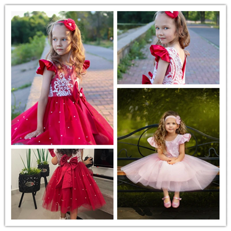 Children Dress Toddler Kids Princess Flower Weddong Bowknot Birthday Christening Costume Elegant Clothes For1-5 Year Little Girl