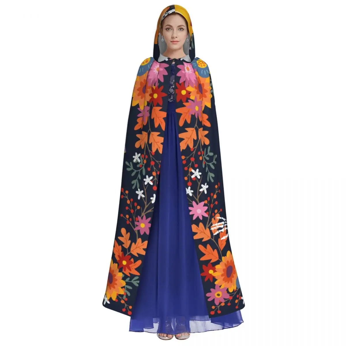 Long Cape Cloak Skeleton Pumpkins And Flowers Hooded Cloak Coat Hoodies Elf Purim