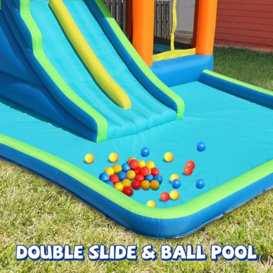 Wasserrutsche, 7-in-1 aufblasbares Hüpfhaus mit großem Pool, extra Hüpfbereich mit Basketballkorb, großer Hüpffläche 64x62 i