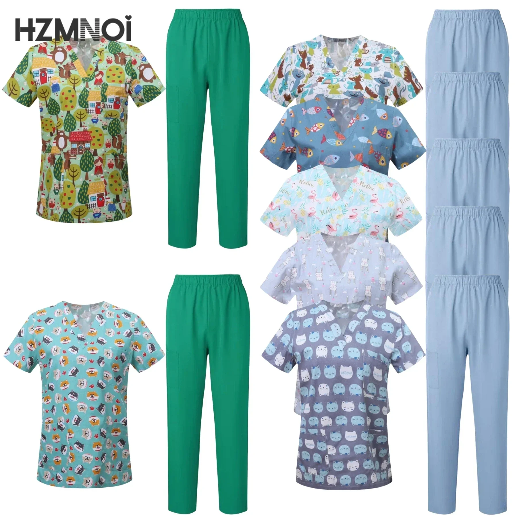 Surgical Uniforms Woman Printing Blouse Pockets Pants Medical Scrub Set Beauty Salon Workwear Clinical Scrubs Top+Pants Spa Suit