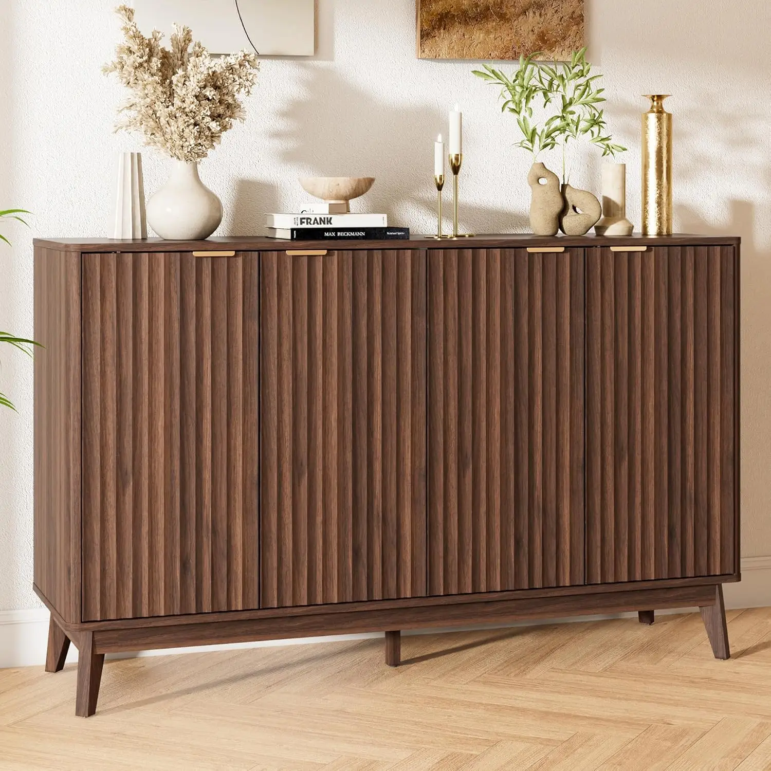

Buffet Cabinet, 55'' Walnut Coffee Bar Cabinet with Storage, Modern Fluted Sideboard Cabinet with