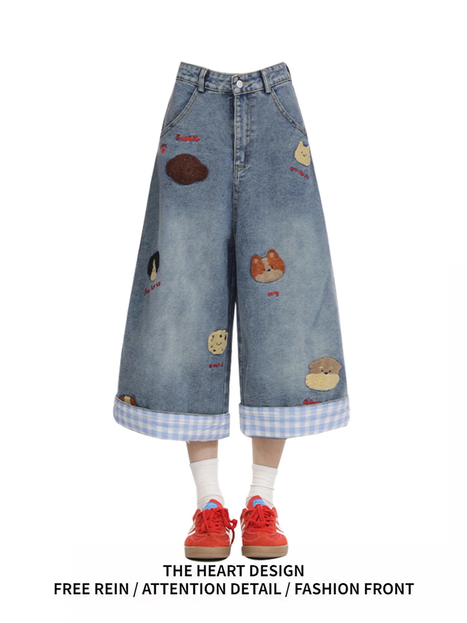 Women's High Waist Wide Leg Denim Culottes with Cartoon Animal Embroidery Plaid Cuffed Hem Casual Cute Jeans 2025 Autumn Fashion