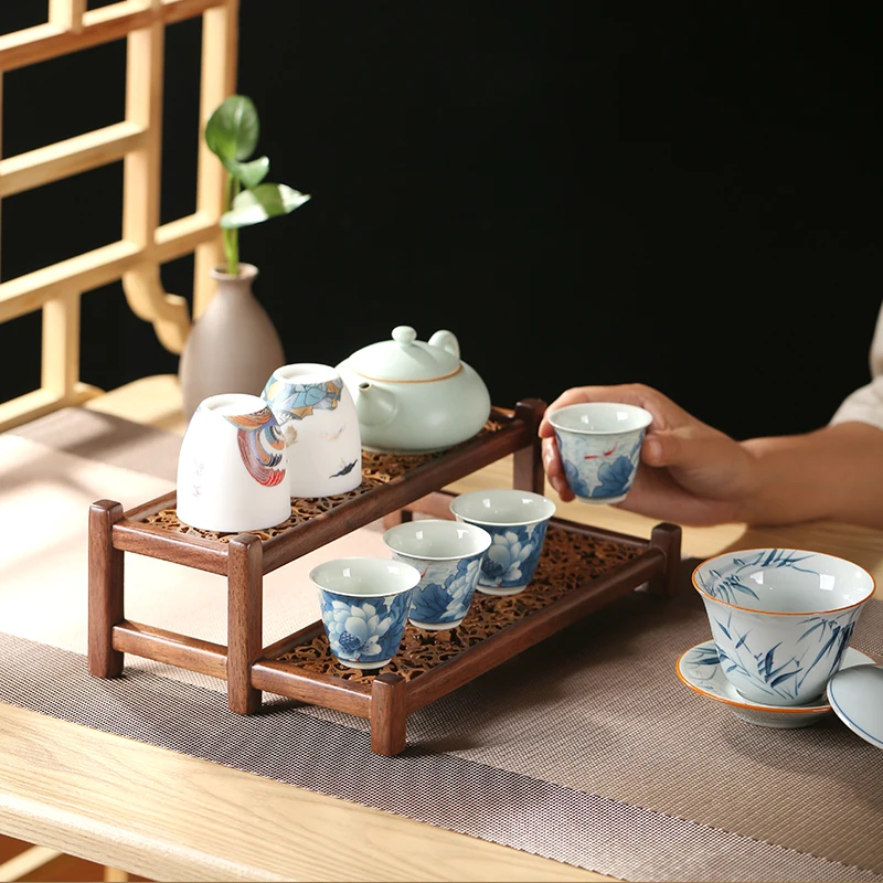 Chinese Solid Wood Walnut Multi-Layer Walnut Stitching Tea Set Storage Antique Shelf Desktop Shelf Ceremony Cup Draining Board