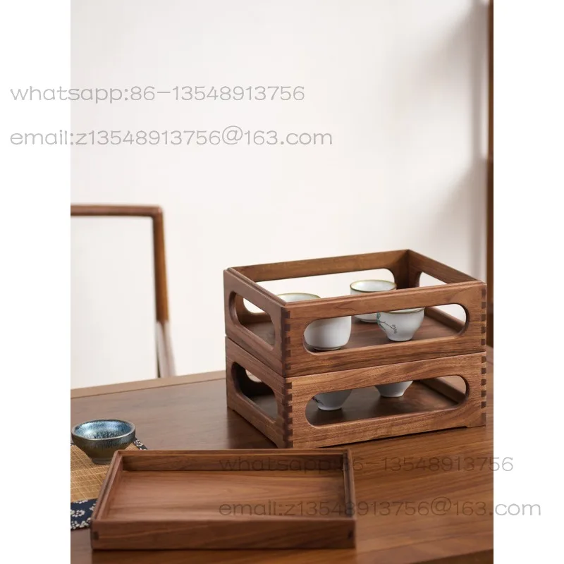 Black walnut tea set storage box can be stacked Chinese solid wood desktop multi-functional teapot rack storage box open