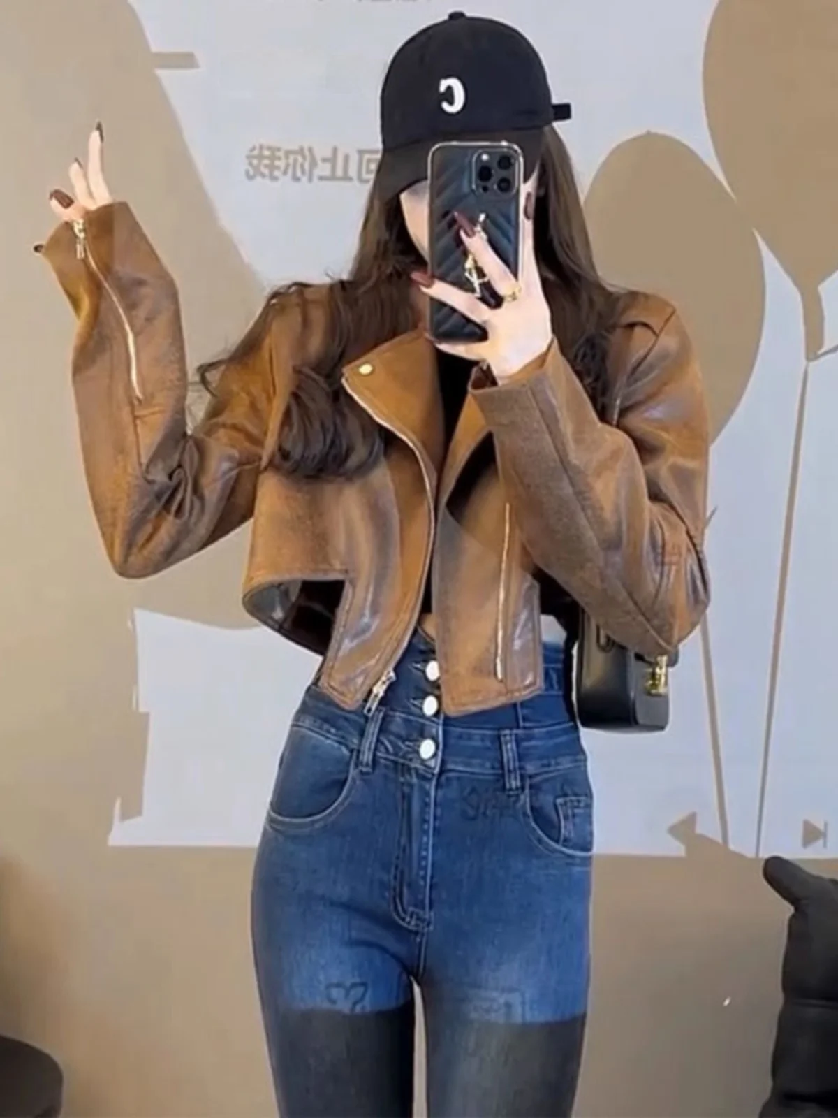 

Biker Brown Jaet Women's ort Sle Flip Collar Leather Coat Spring New Arrival Faionable Bla Size High-End Feeling