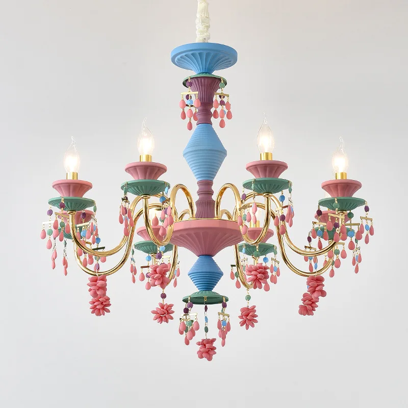 

France Creative Colorful Chandeliers For Home Deco Living Room Macaron Color Crystal E14 Bulb Chanderliers Iron/Glass Body