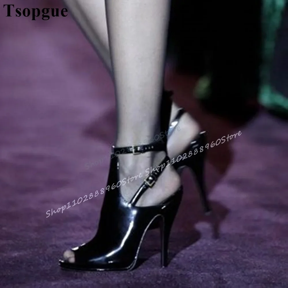 

Stylish Black Cut Heel Sandals Thin High Heel Catwalk Shoes For Women Buckle Strap Peep Toe 2025 Fashion Zapatos Para Mujere