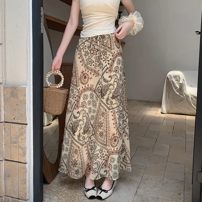 

Women's Chic High Waist A Line Print Long Skirt Lady Streetwear Holiday Elegant Skirt