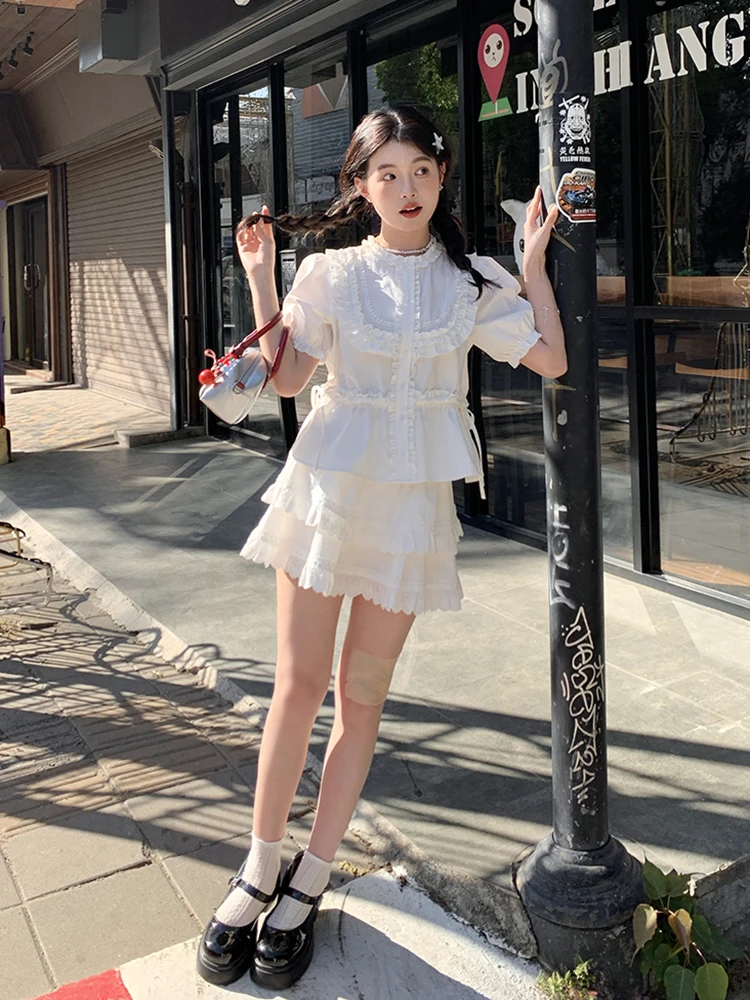 Japanese Sweet Preppy Style Ruffles Splicing Round Neck Puff  Short Sleeve Single Breasted Drawstring Slim Shirts Blouses Women