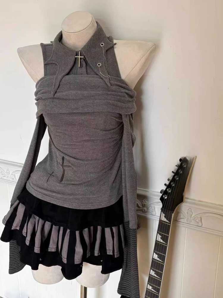 

Harajuku сексуальная облегающая футболка женская в американском стиле винтажные поддельные два топа Y2k эстетические лоскутные полосатые футболки в стиле гранж