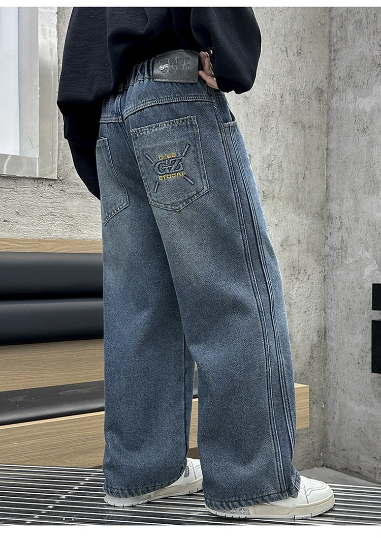Autumn Children's Retro Jeans Loose Straight Pants Wide Leg Pants for Boys and Girls New Spring Kid's Denim Pocket Trousers