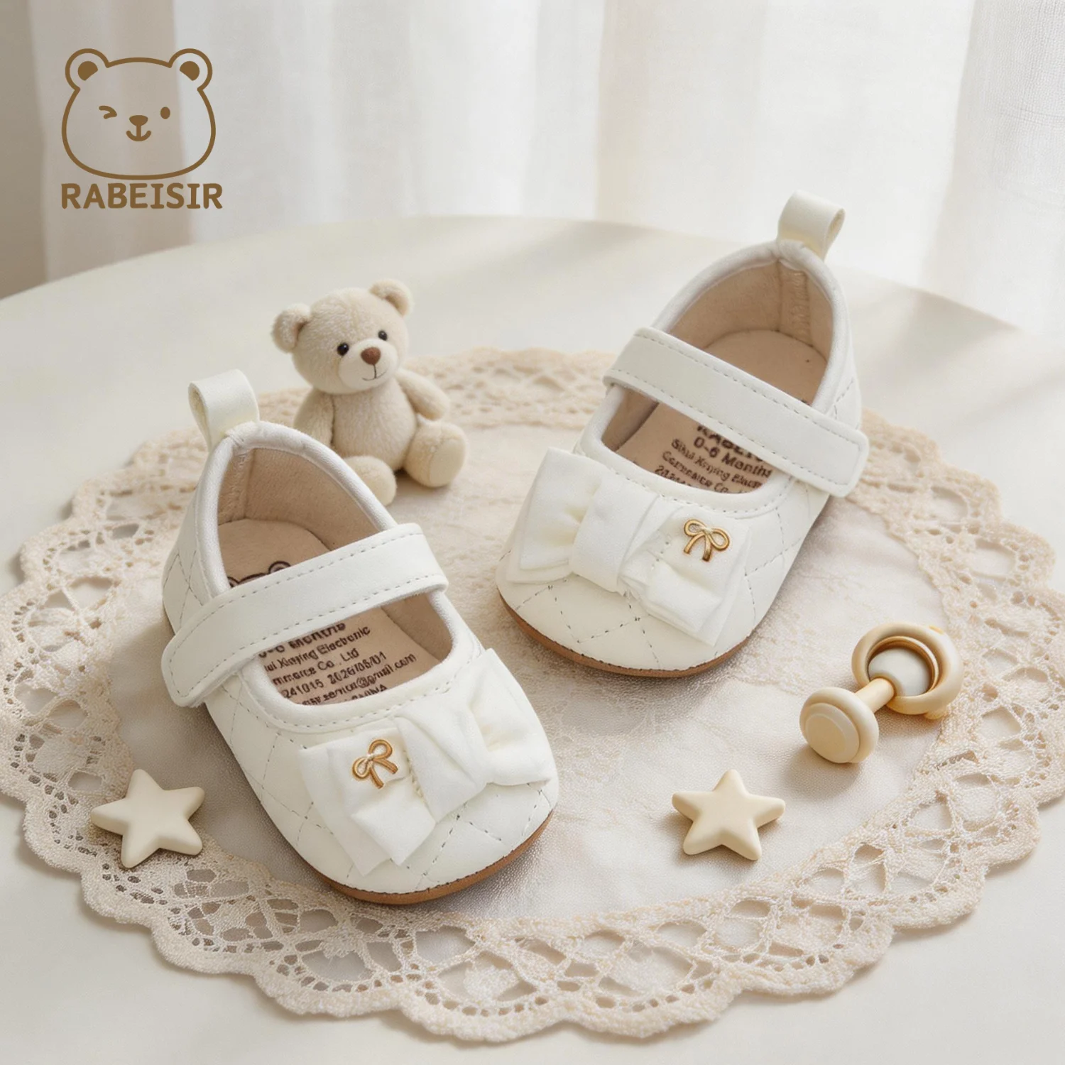 RABEISIR Baby Girls Princess Shoes Soft Sole Infant First Walkers Toddler Bow Leather Casual Shoes Black White 0-18M