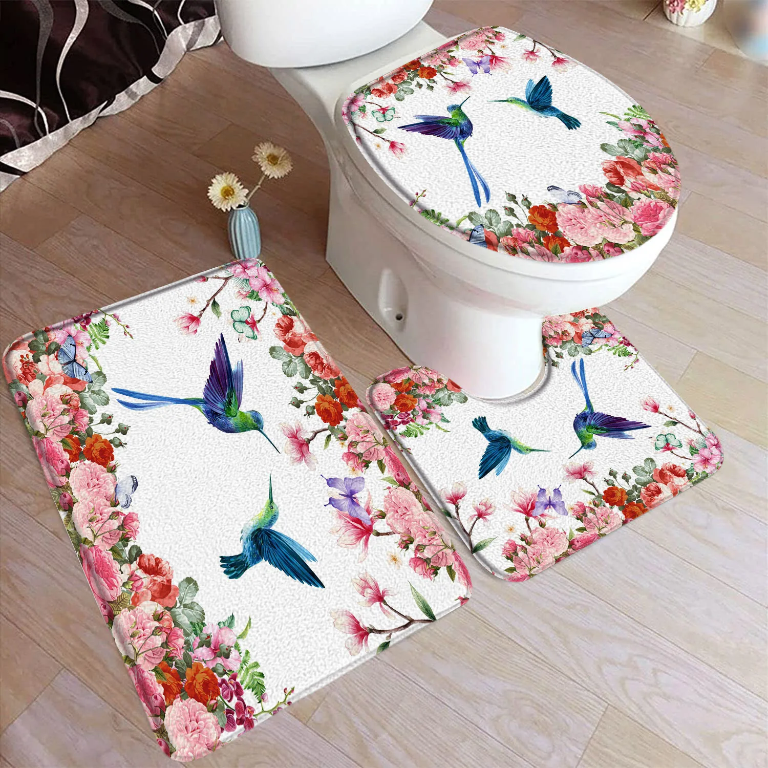 Hummingbird Bath Mat Set Purple Birds Floral Plants Modern Home Carpet Bathroom Decor Floor Rugs U-shaped Mats Toilet Lid Cover