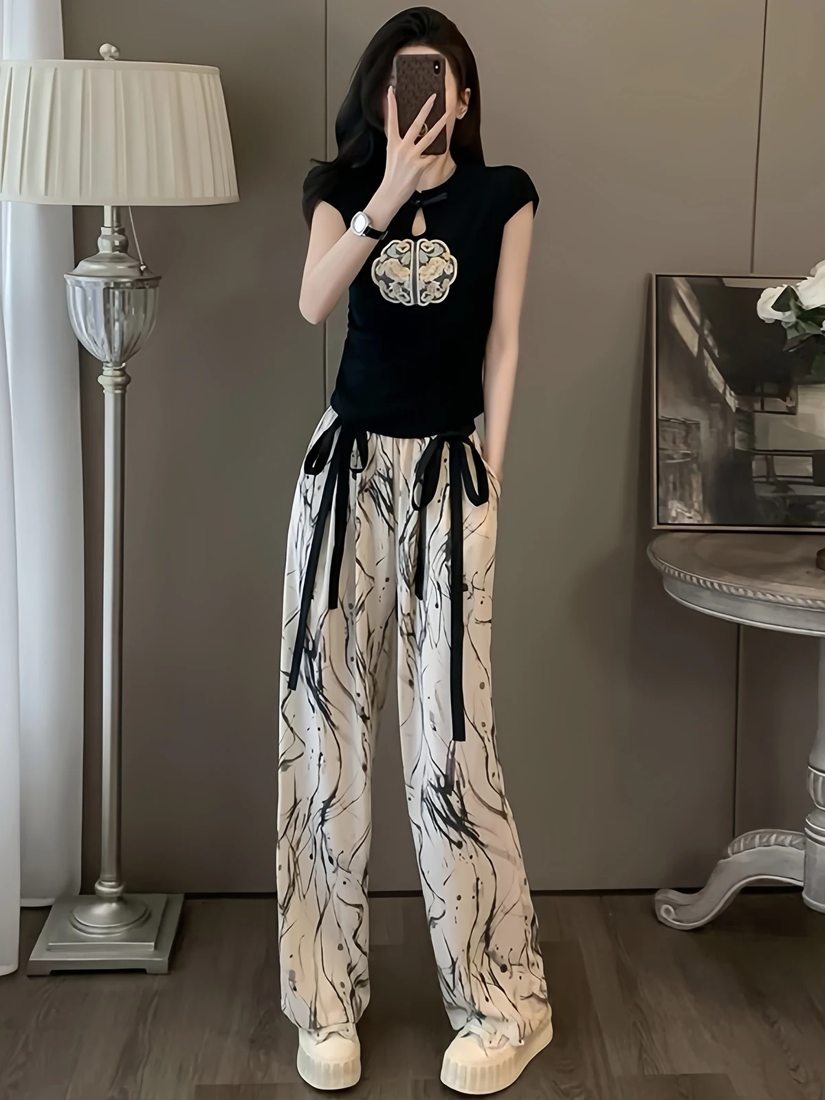 Chinese Style Short Sleeved Suit Female Conjuntos De Pantalones 2024 Summer Slim Top+Wide-Leg Pants 2 Piece Sets Women Outfits