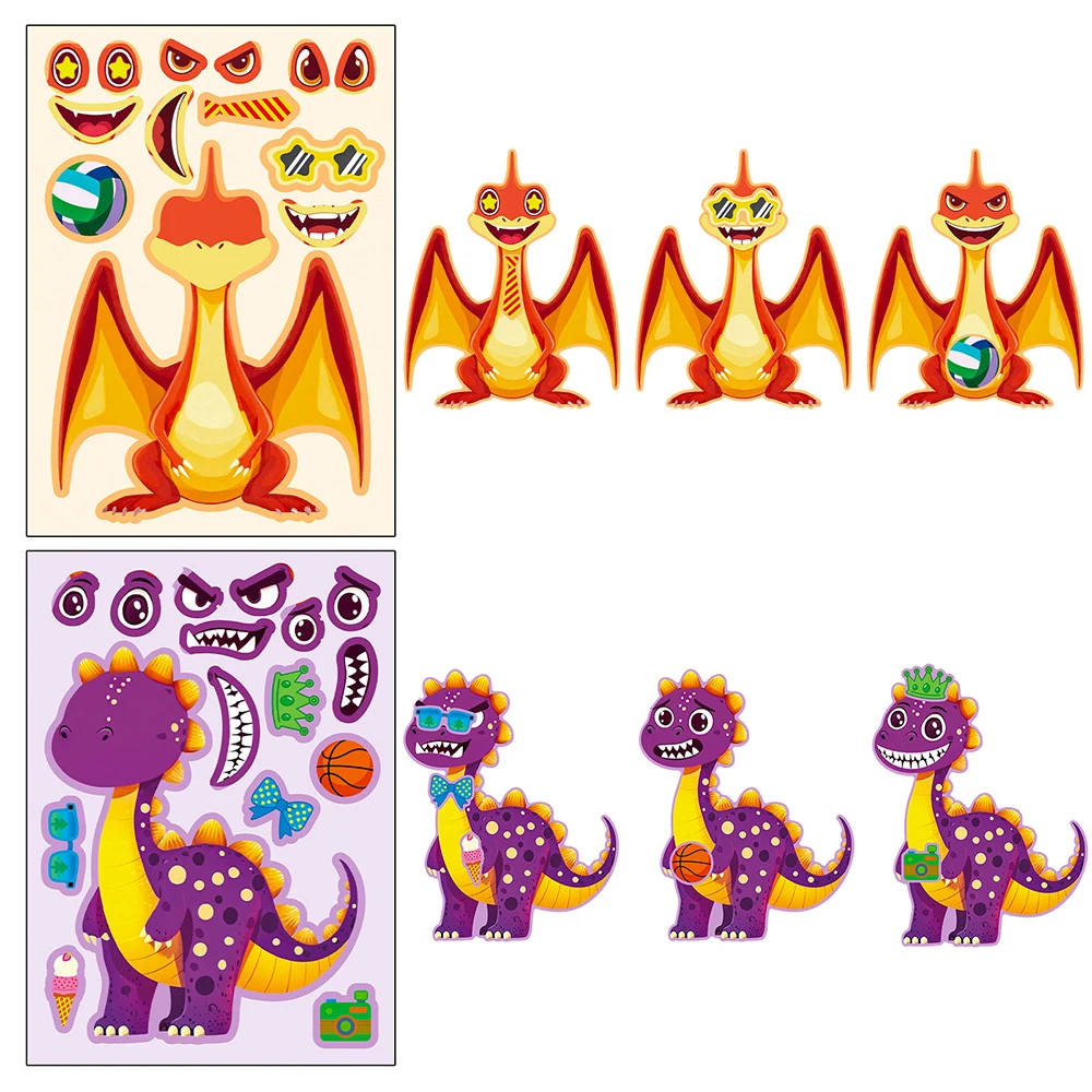 6/12sheets DIY Make a Face Dinosaur Puzzle Stickers Cute Children Assemble Jigsaw Cartoon Decals Kid Education Toy Party Gift