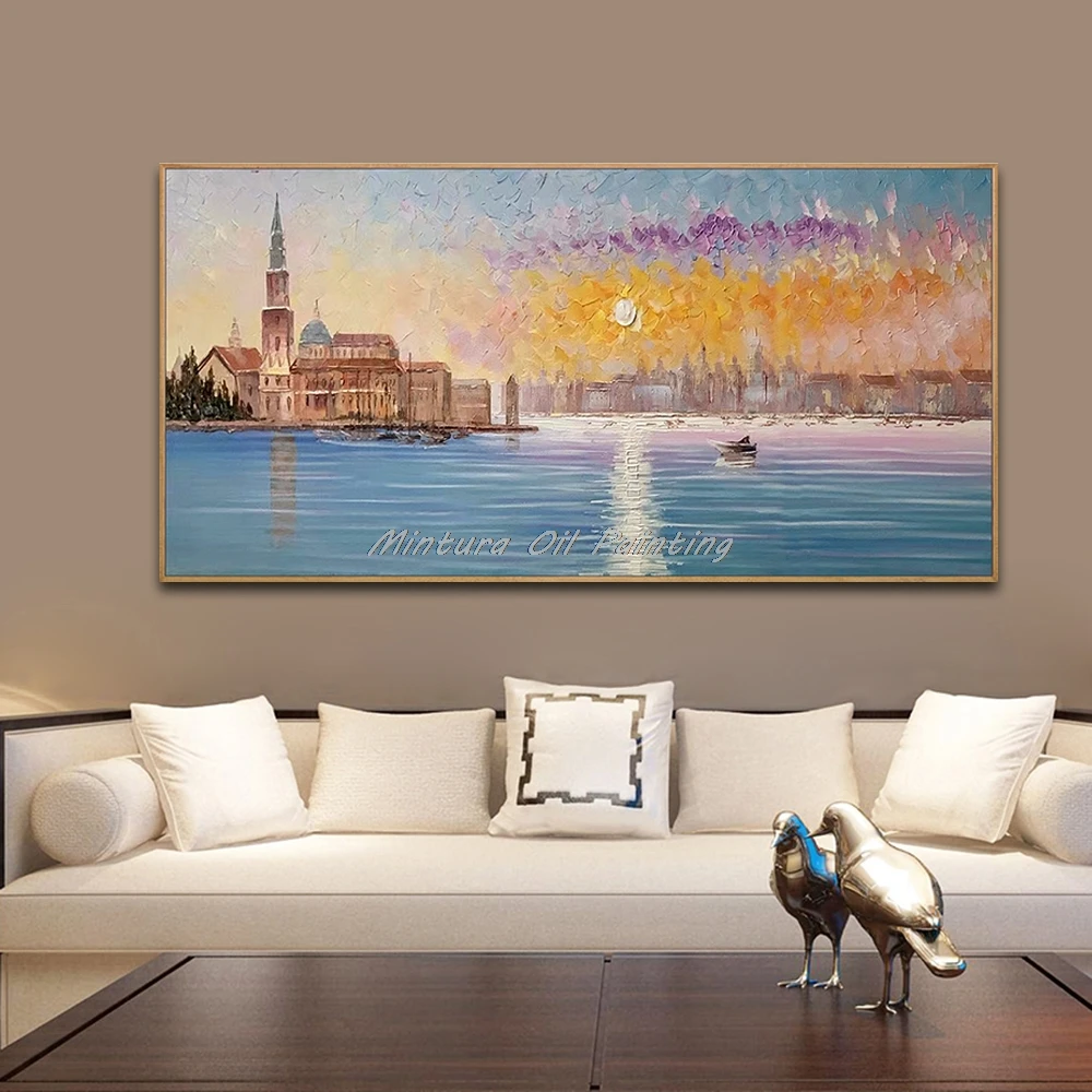 Mintura Wall Picture for Living Room Oil Paintings on Canvas,Hand-Painted Beautiful Castle by The Sea Office Decor Art  No Frame