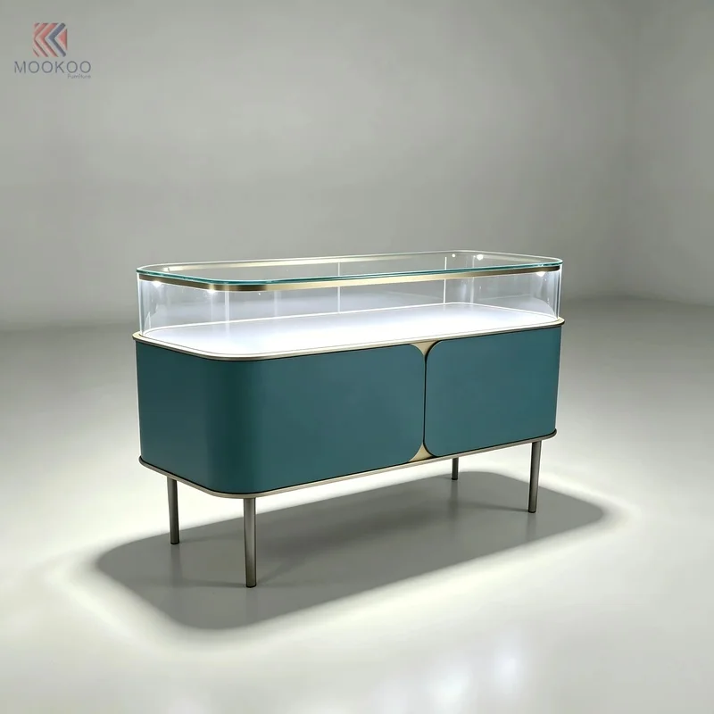 custom.MOOKOO Custom Modern Color Jewelry Display Rounded Curved Glass Showcase Gold Metal Trim Showcase Luxury Retail Bouti