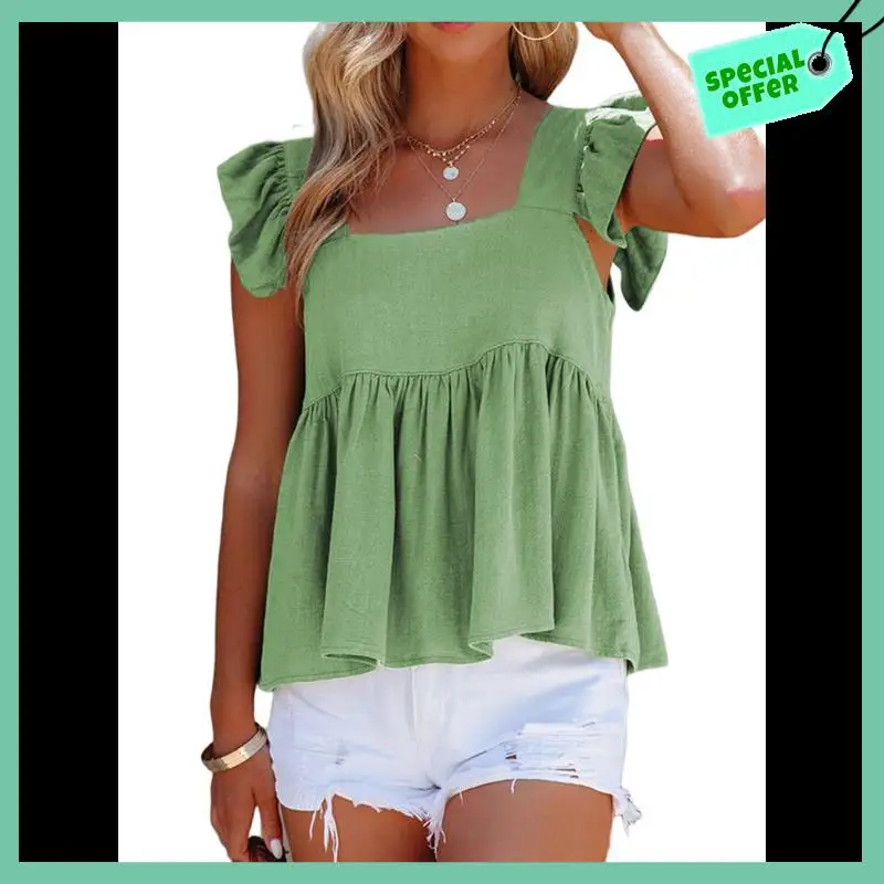

Sturdy Women's Casual Square Neck Ruffle Cap Sleeve Peplum Babydoll Blouse Tank Top