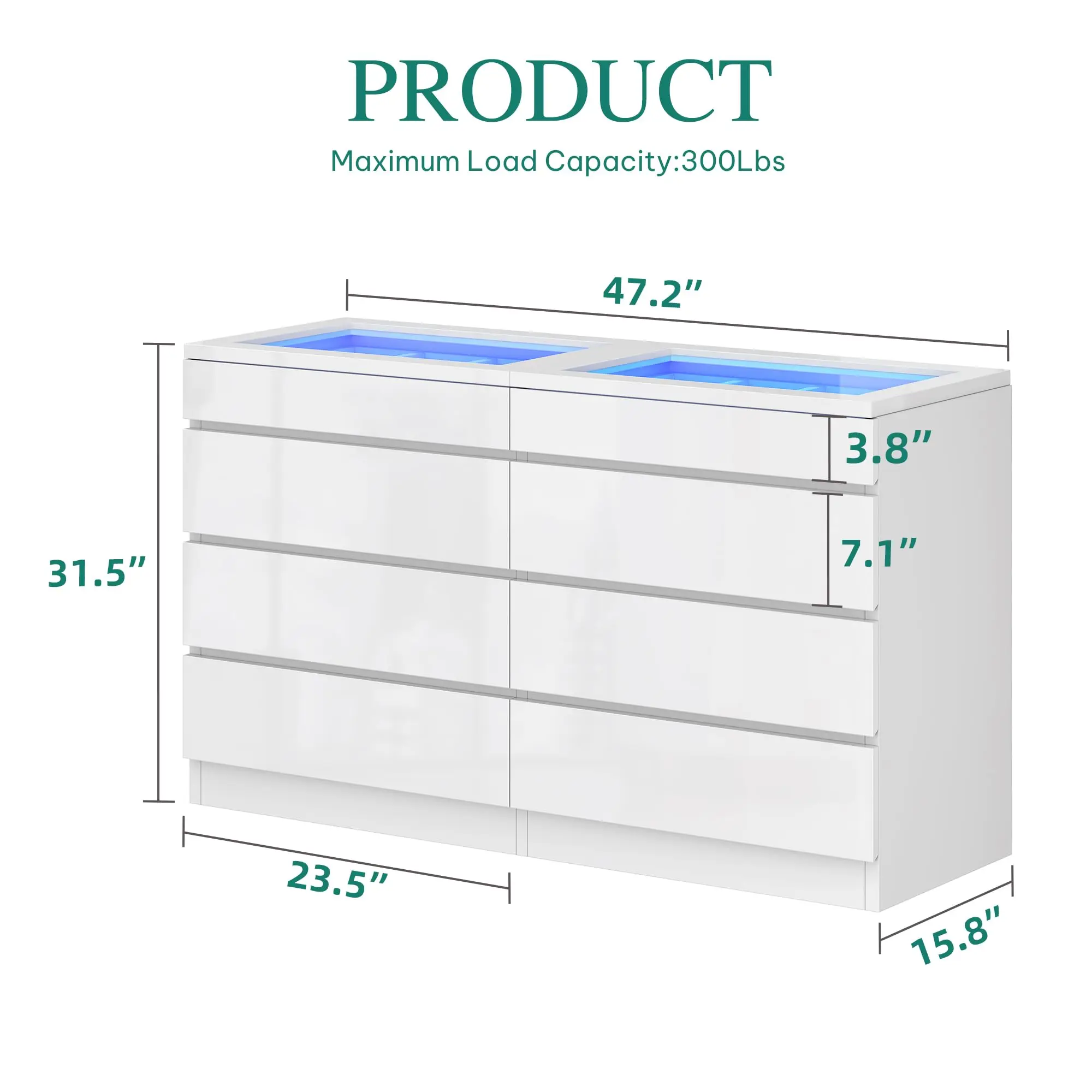 8 Drawer Dresser with LED White Dresser Modern 8 Chest of Drawers with Deep Drawers Glass Top High Gloss Surface Storage