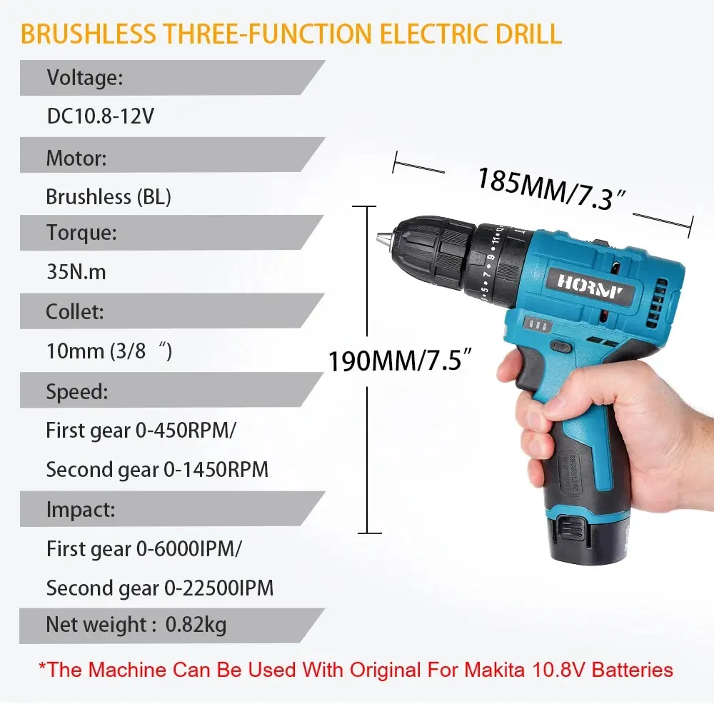 Hormy Brushless Cordless Impact Electric Screwdriver 25+3 Mini Wireless Power Driver Drill Power Tool For Makita 10.8V Battery