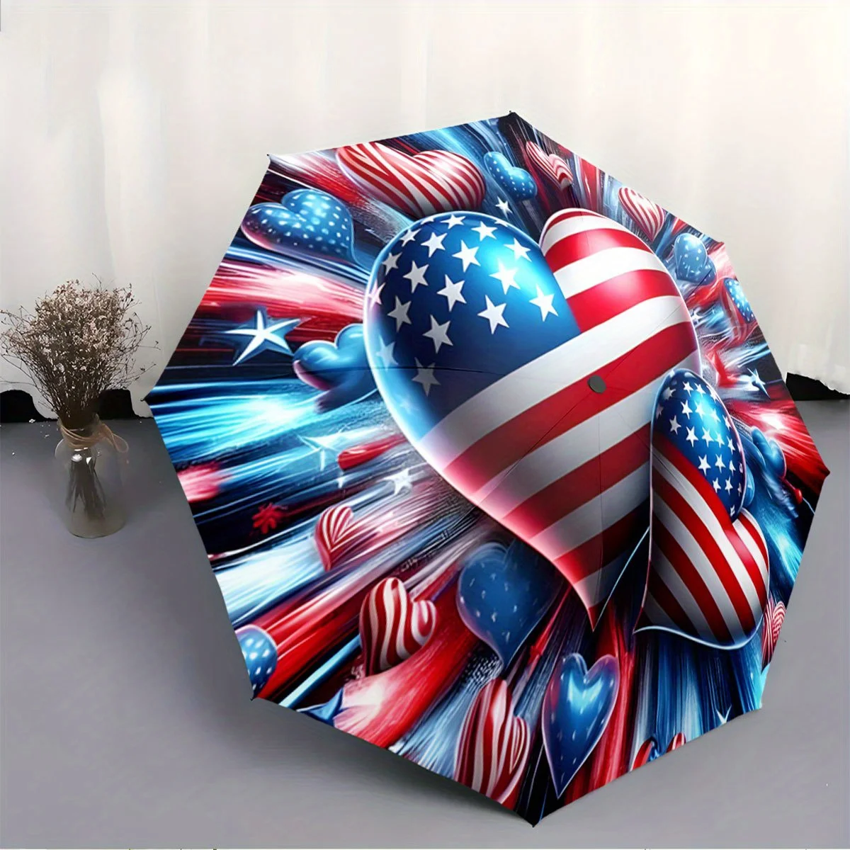 

Складной зонт с американским флагом и сердечками с динамичными полосками. Креативный портативный складной зонт, подходящий для всех праздничных подарков.