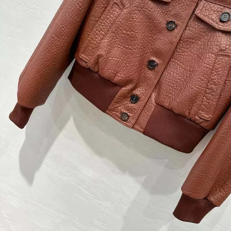 Veste en cuir véritable à col rabattu pour femme, manteau à boutonnage simple, vêtements courts, peau de mouton granulée, printemps et hiver