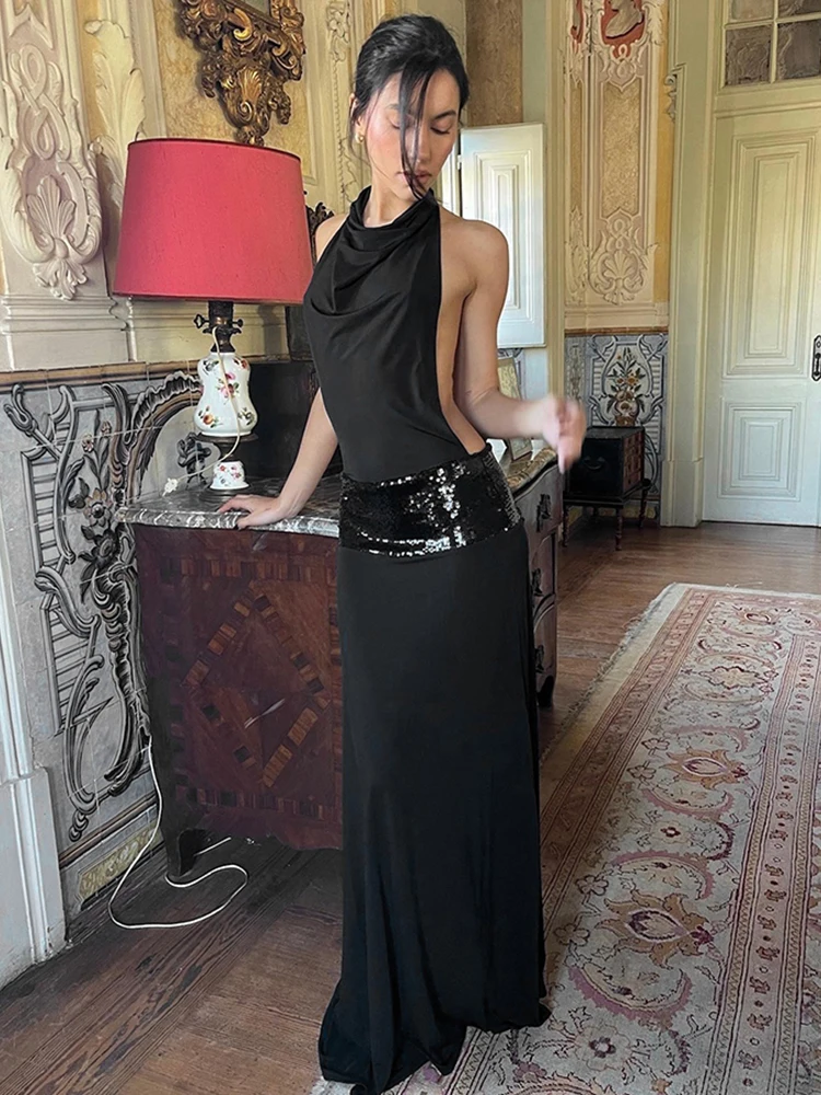 kliou Backless Fashion Women Dresses Elegant Halter Patchwork Draped Maxi Bodycon Female Solid Simple Evening Party Frock New image 2
