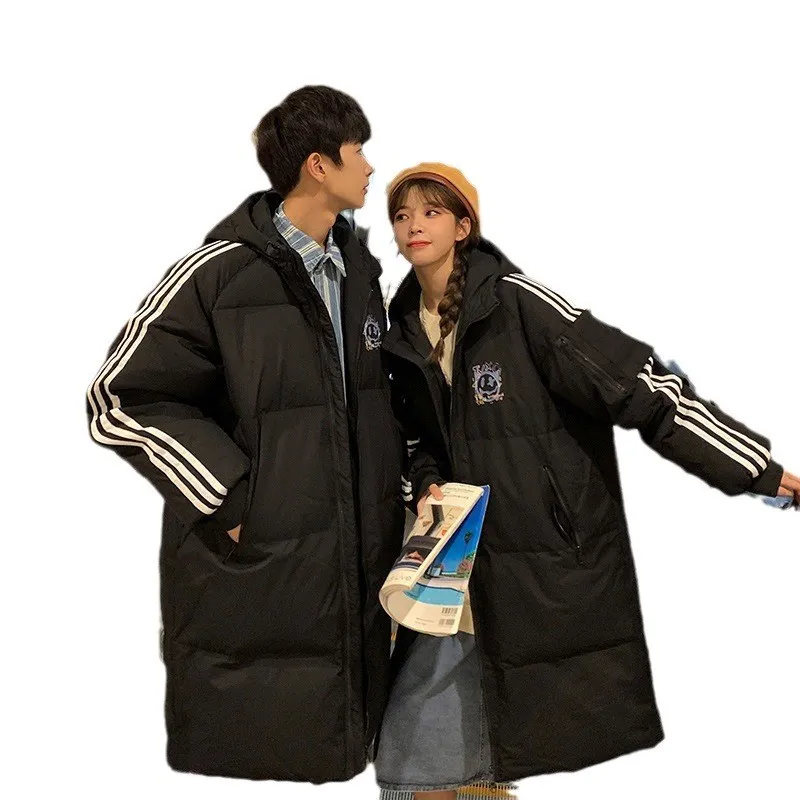 

Мужская свободная пуховая куртка до колен, новая зимняя модель в гонконгском стиле, для пар, рабочая одежда, студенческий тренд, повседневная верхняя одежда