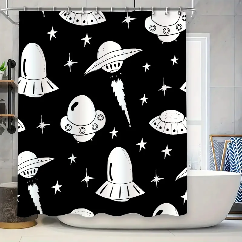 

Винтажный дизайн космического корабля, занавеска для душа, водонепроницаемый декор для ванной комнаты, черный, белый узор, тканевый комплект штор для душа