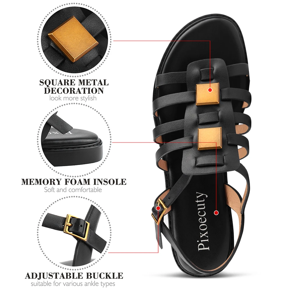 RIZABINA Women Flat Sandals Open Toe Roman Hollow Weave Shoes Ladies Retro Metal Buckle Low Heel Summer Beach Sandals Size 36-41