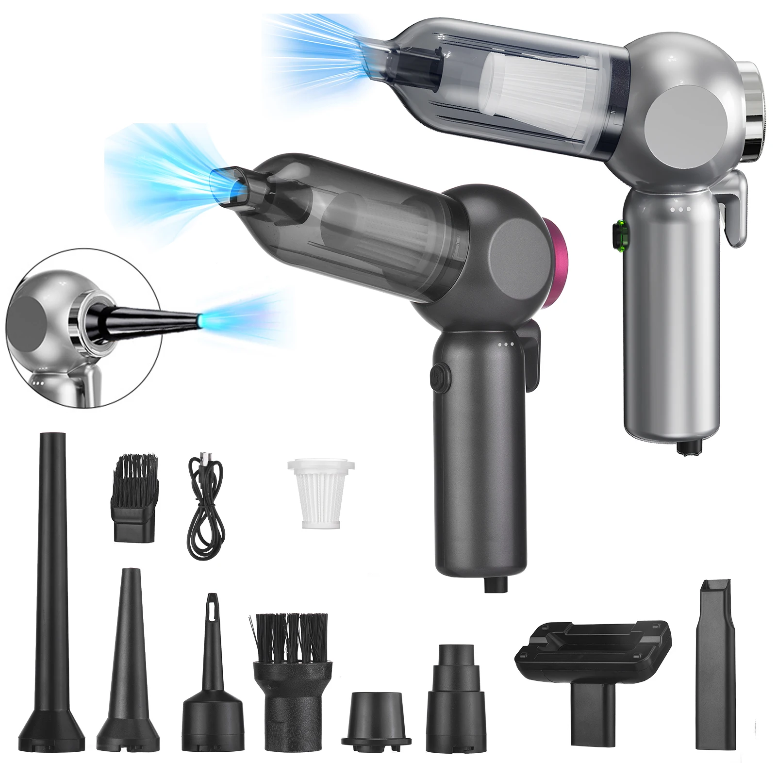 

2in1 Cordless Car Vacuum Cleaner with Window Breaker 16000PA Air Duster with 8cps Suction Nozzle Portable Multifunctional Blower