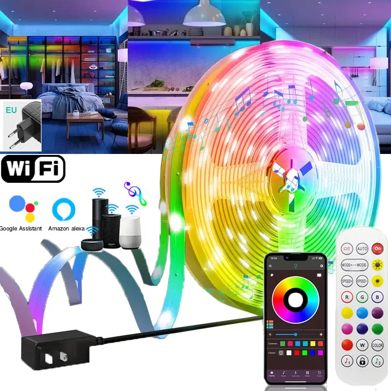 Tira de luces LED RGB 5050 con WiFi 2835, sincronización de música, sensible al cambio de Color, micrófono incorporado, Flexible, DC12V, App, enchufe de la UE