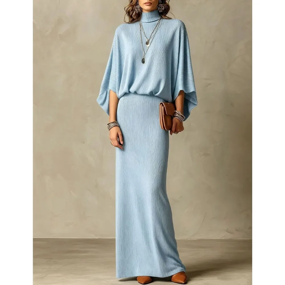 Autumn Winter New Fashion High Collar Bat Sleeve Skirt 2piece Set Women Casual Knitted Pit Strip Elegant Slim Hip Hip Skirt Suit